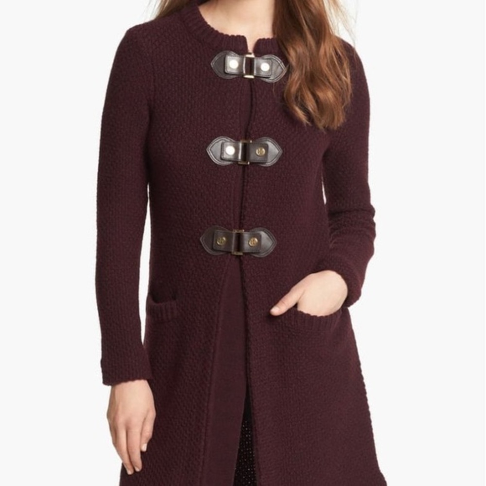 Tory Burch Burgandy Colette Sweater Duster Coat w Buckles Size L